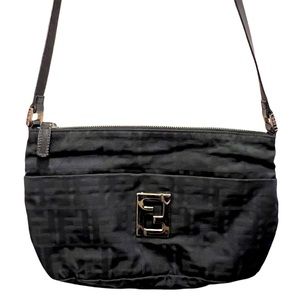 Fendi Authentic Vintage Zucchino Black Logo Purse Handbag Canvas Leather